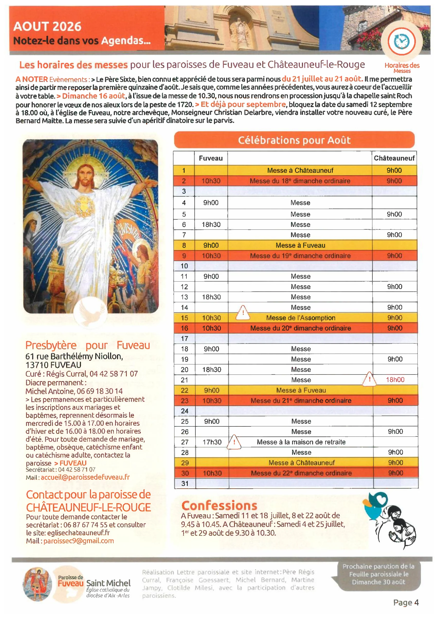 Horaires des messes d'ao&ucirc;t 2026, page 5 de la lettre paroissiale