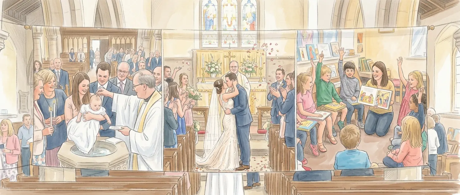 Bannière illustrant le baptême, le mariage et la catéchèse