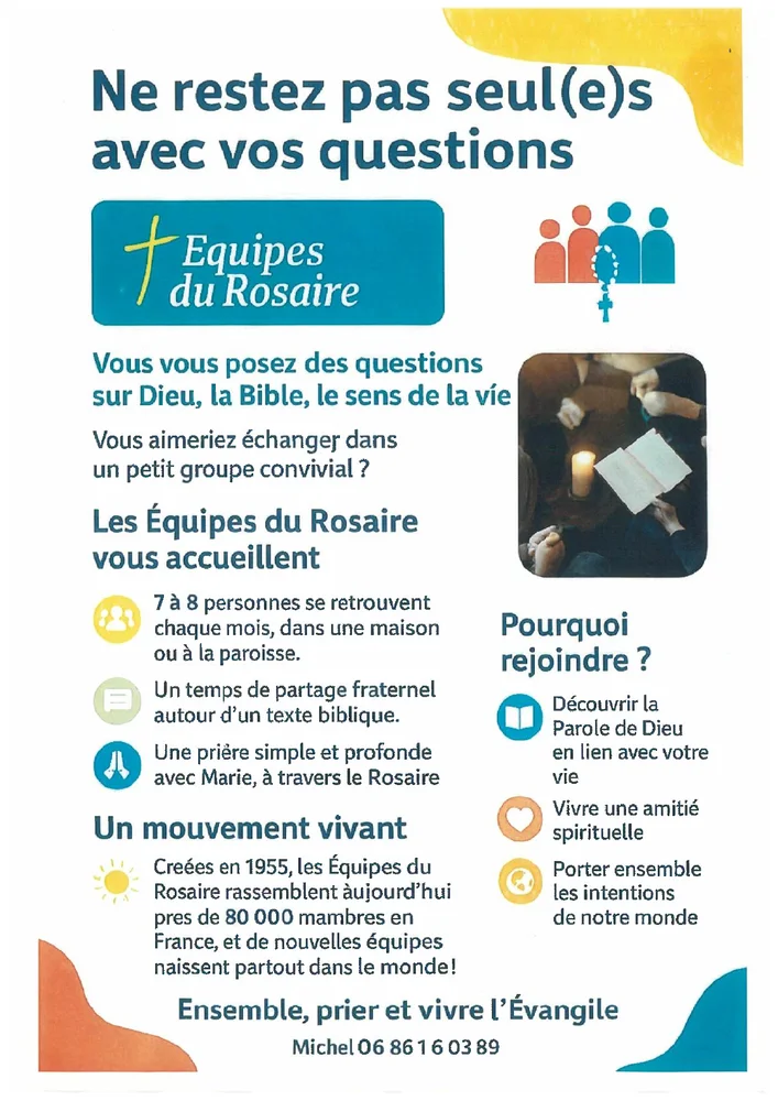 Affiche des Équipes du Rosaire : Ne restez pas seul ou seule avec vos questions